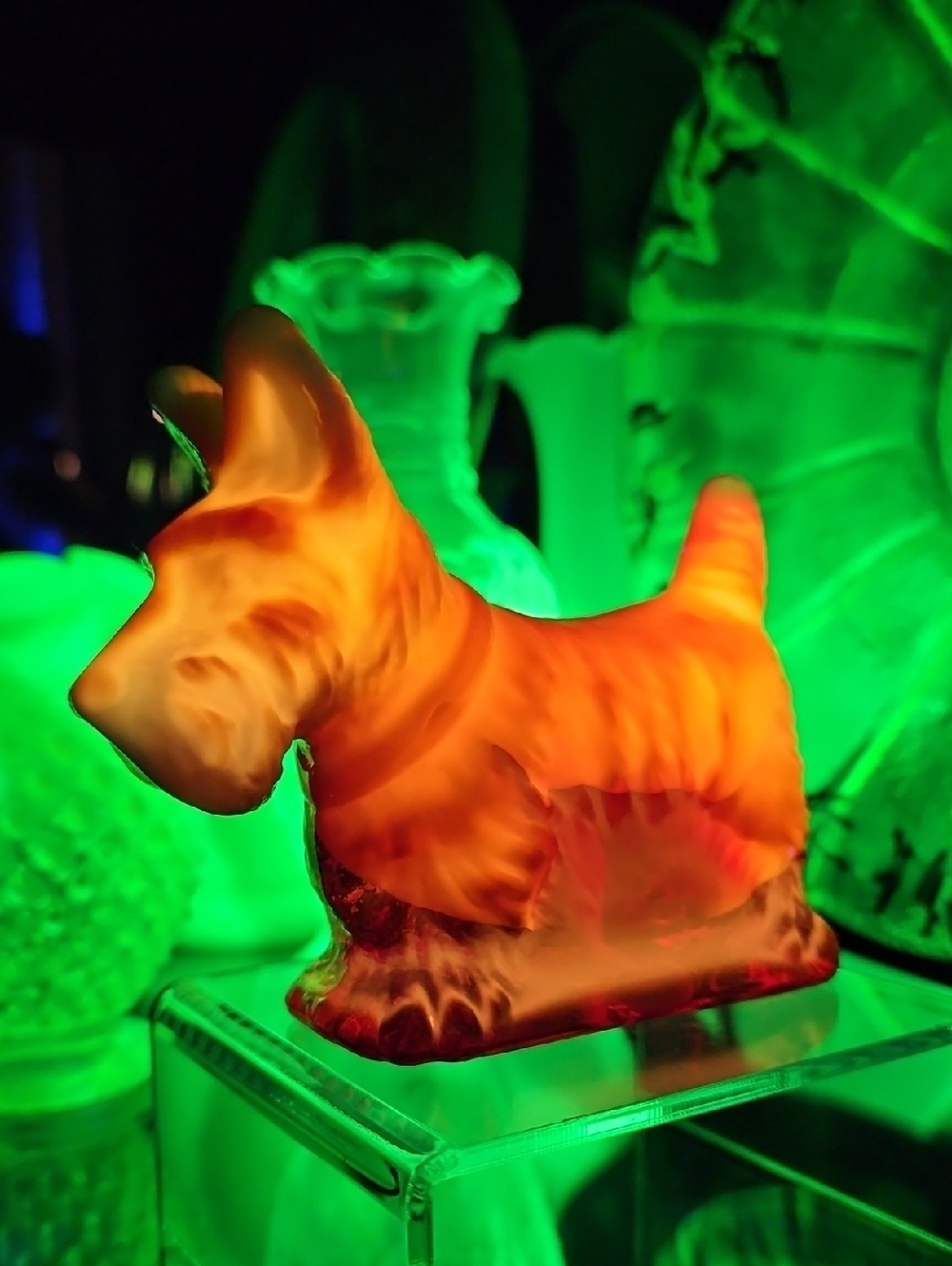 Handblown Amberina Slag Glass Scottie Dog UV Reactive with Cadmium & Selinium